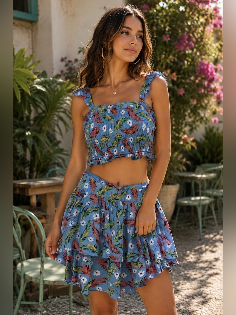 Illa Illa Floral Two Piece Set Size Small Boho Crop Top Skirt NWOT